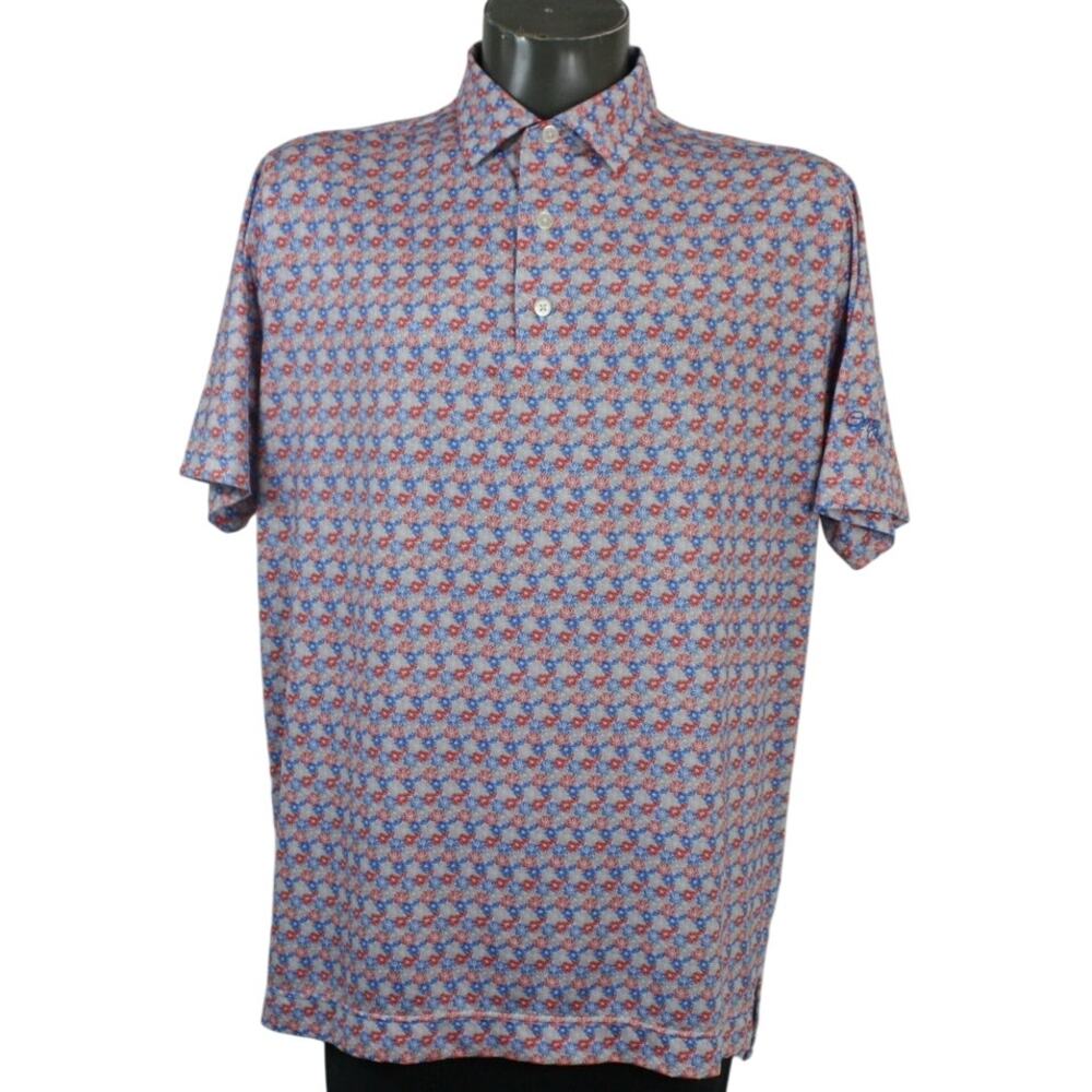 FootJoy Firework Golf Polo Mens L FJ Red White Blue Stretch Cypress Run